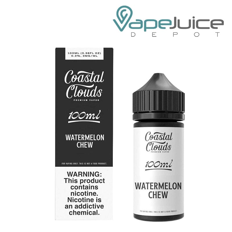 A Box of Watermelon Chew Coastal Clouds with a warning sign and a 100ml bottle next to it - Vape Juice Depot