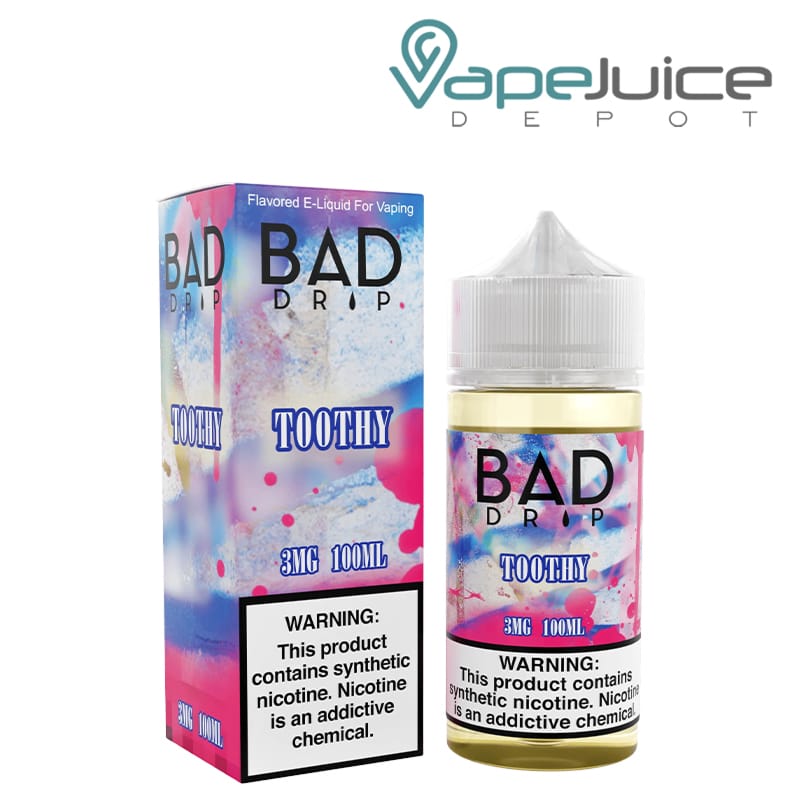 A Box of Toothy Bad Drip Labs eLiquid with a warning sign and a 100ml bottle next to it - Vape Juice Depot