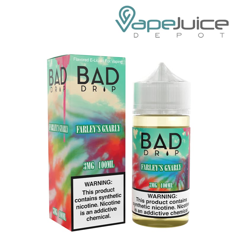 A Box of Farley's Gnarly Sauce Bad Drip Labs eLiquid with a warning sign and a 100ml bottle next to it - Vape Juice Depot