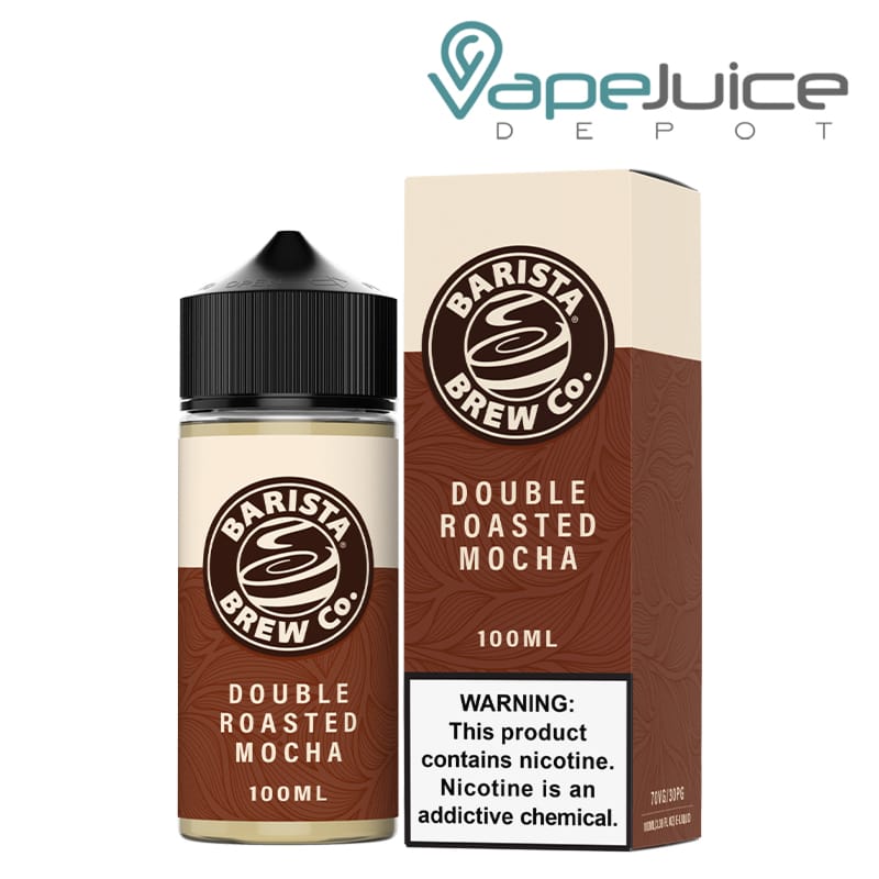 A 100ml bottle of Double Roasted Mocha Barista Brew Co and a box with a warning sign next to it - Vape Juice Depot